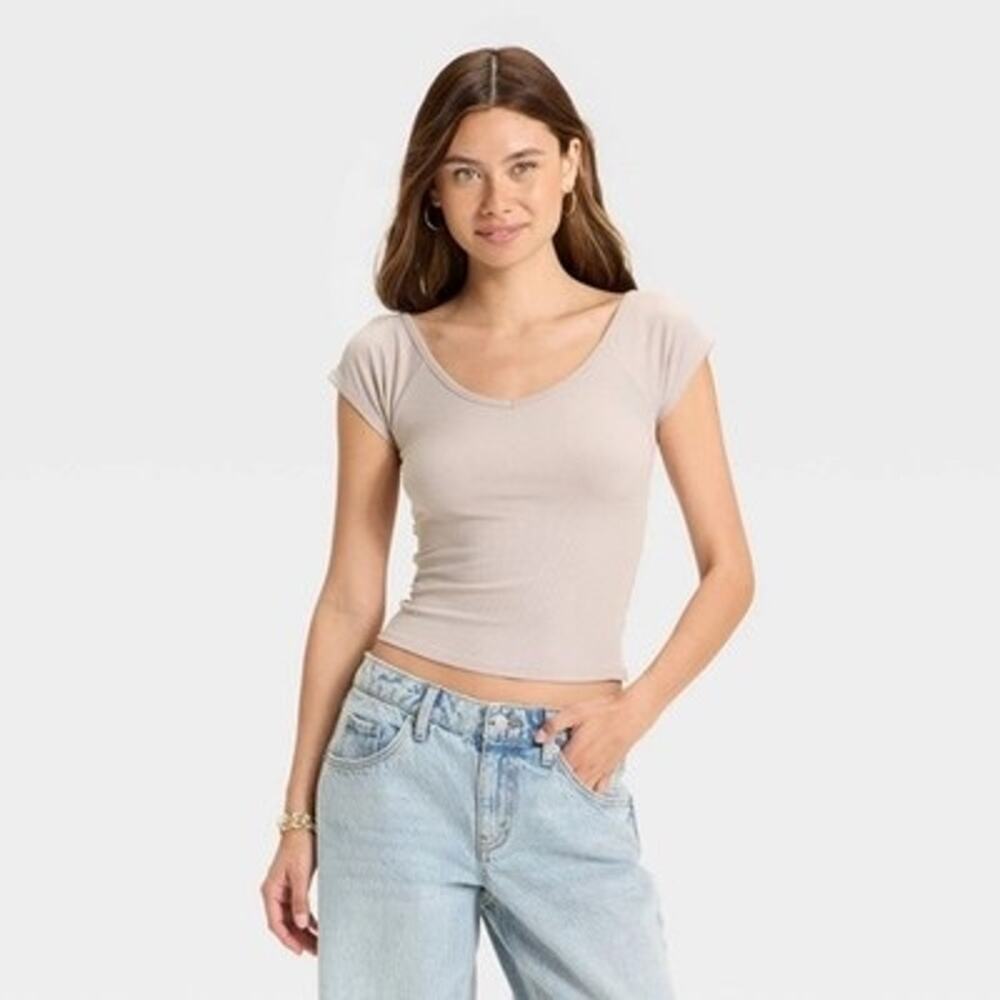 NWT Wild Fable Nickel Grey Ribbed Short Sleeve Crop Top Babydoll Shirt Medium